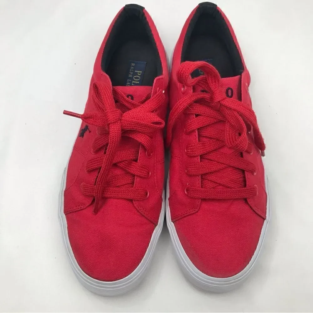 Polo Ralph Lauren Red Canvas Lace Up Deck Boat Shoes with Black Logo